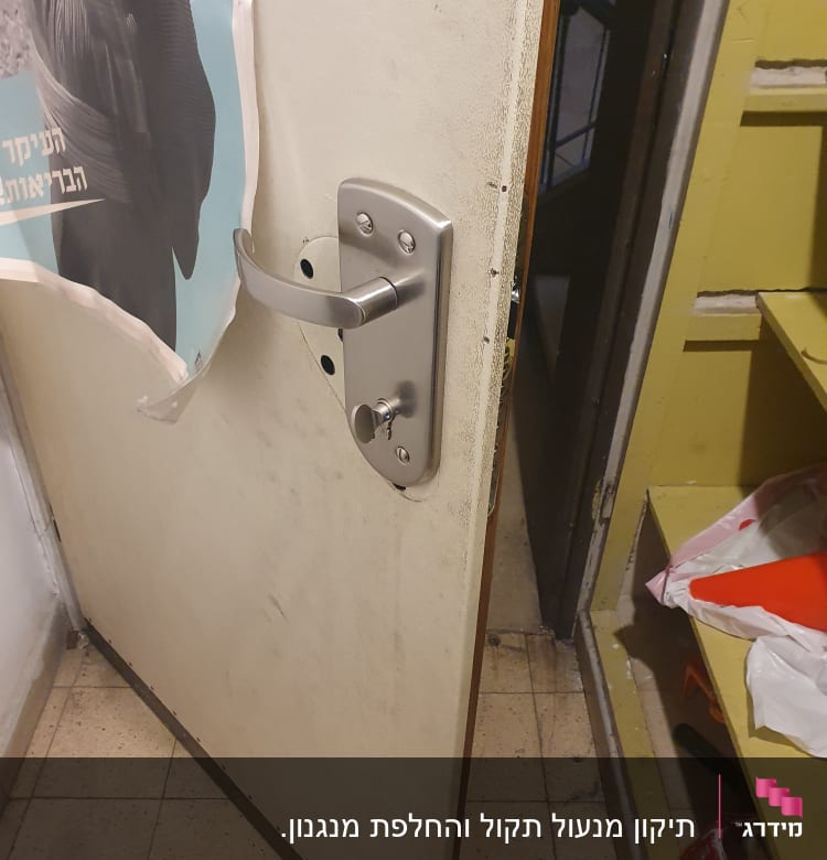 ידית דלת מתכתית עם מנעול על דלת פתוחה